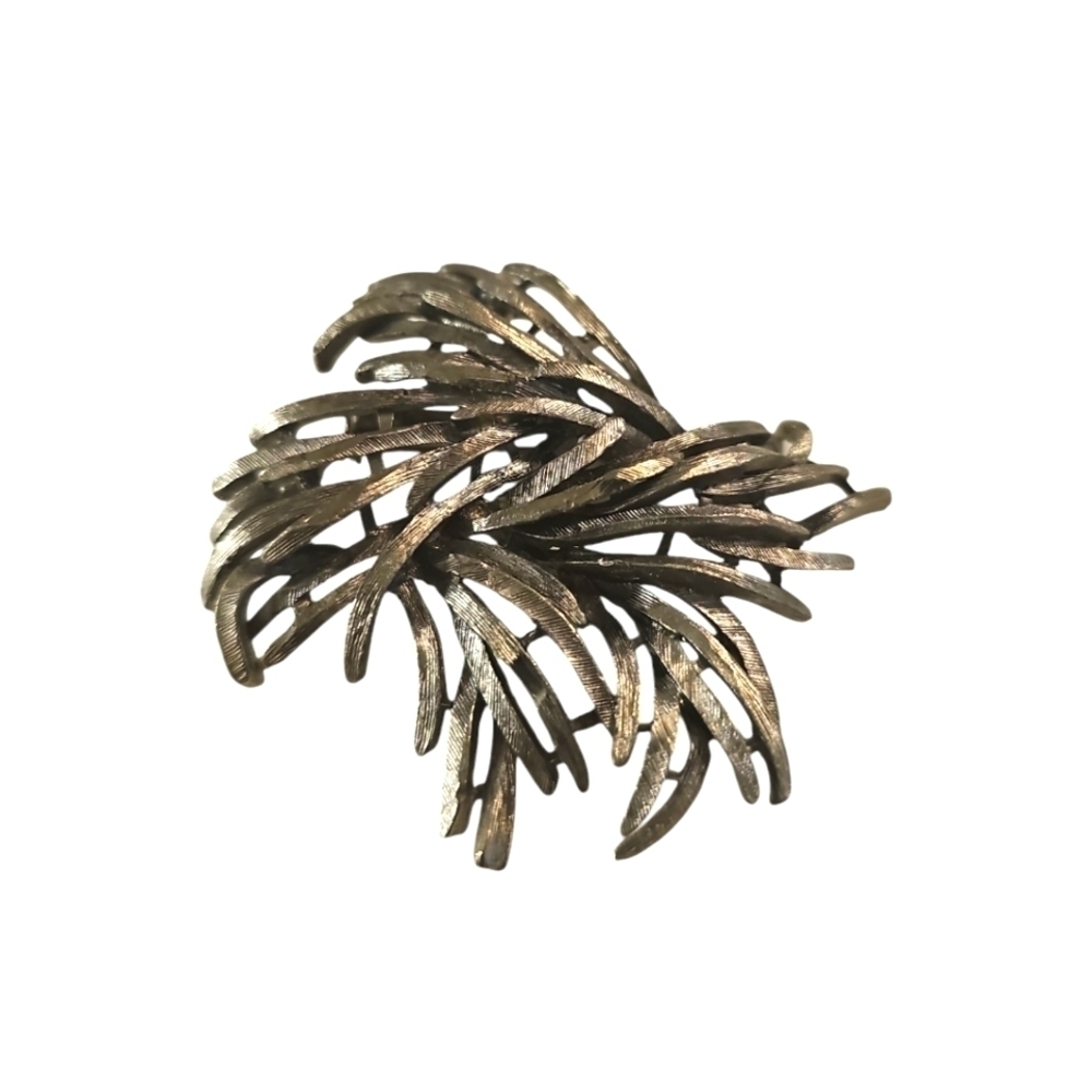 Brutalist Pewter Spiked Filigree Leaf Abstract Vintage Brooch